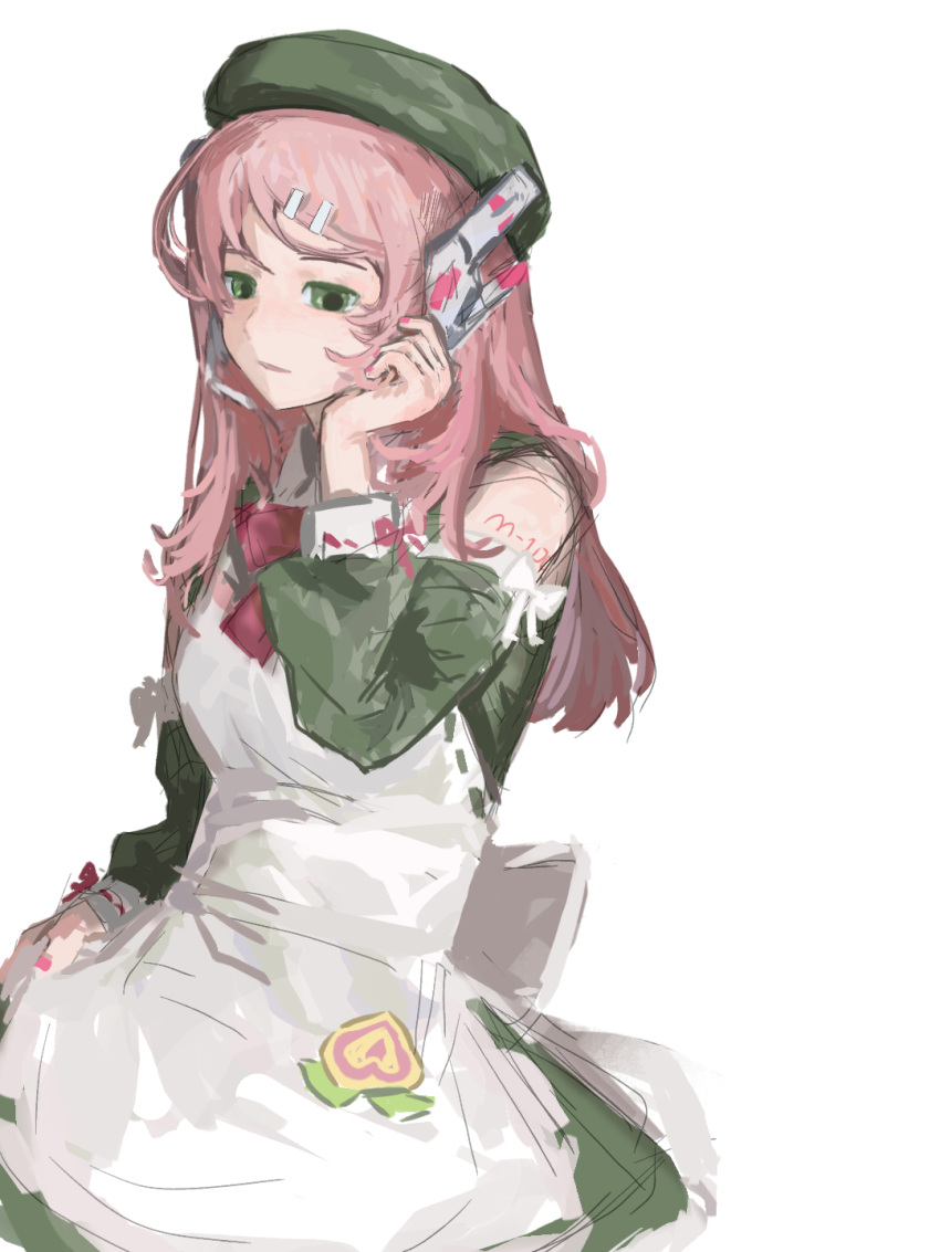 1girl, apron, beret, bow, bowtie, breasts, collared_dress, cowboy_shot, detached_sleeves, dress, green_dress, green_eyes, green_hat, green_sleeves, hair_ornament, hairclip, hat, headset, highres, long_hair, maid_apron, medium_breasts, momone_momo, parted_lips, pink_hair, pink_nails, red_bow, red_bowtie, simple_background, sleeveless, sleeveless_dress, solo, utau, white_apron, white_background, yosan_(yosan1130)