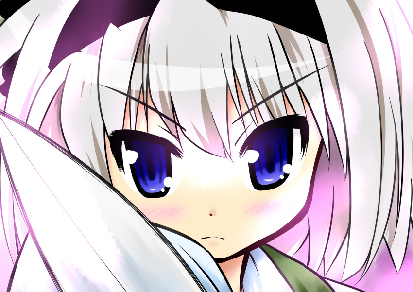 blue_eyes, blush, face, foreshortening, hairband, highres, katana, kay-u
