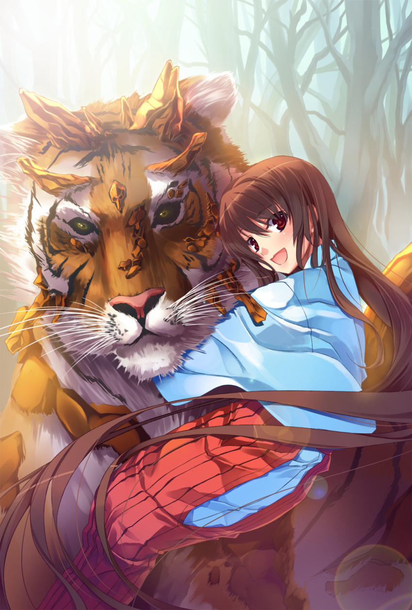 animal, brown_eyes, brown_hair, giant_animal, highres, hug, japanese_clothes, long_hair