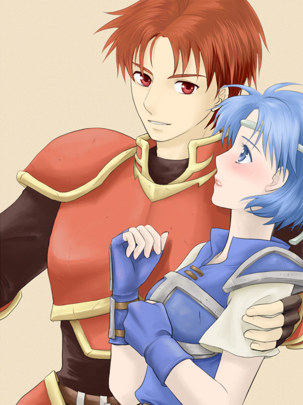 alan, armor, blue_eyes, blue_hair, blush, circlet, couple, fingerless_gloves, fire_emblem, fire_emblem:_fuuin_no_tsurugi, fire_emblem_fuuin_no_tsurugi, gloves, knight, pegasus_knight, red_armor, short_hair, suzu007, tate