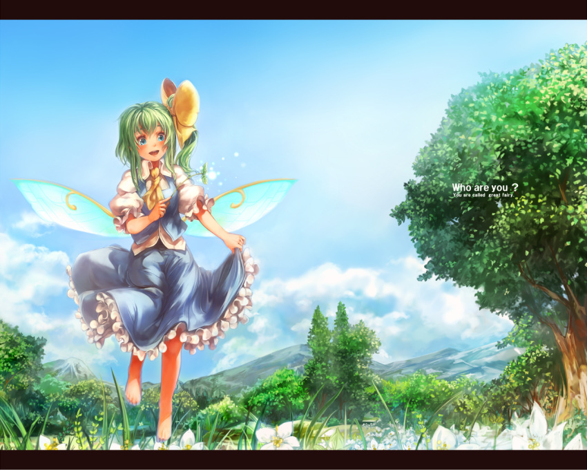 barefoot, blue_eyes, blue_sky, bow, daisha_hiroshi, daiyousei, english, fairy_wars