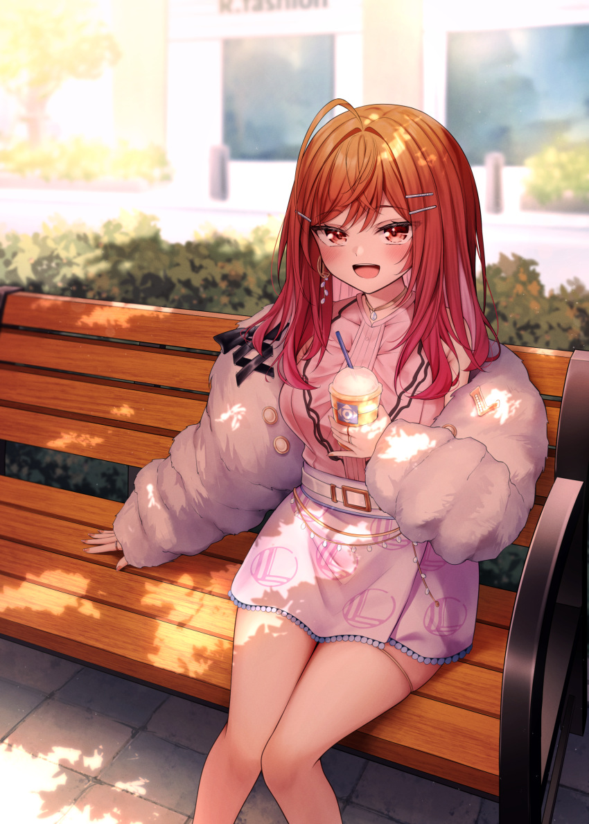 1girl, =_hair_ornament, absurdres, ahoge, belt, bench, blurry, blurry_background