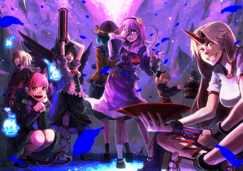 arm_cannon, arms_up, bucket, everyone, from_behind, ghost, girl_in_bucket, grin
