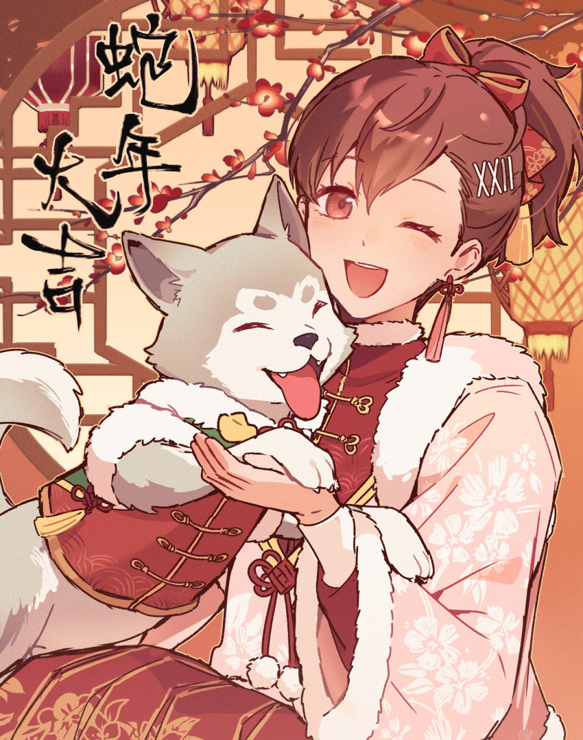 1girl, alternate_costume, animal, brown_eyes, brown_hair, china_dress, chinese_clothes, closed_eyes, clothed_animal, dog, dress, earrings, fangs, floral_print, flower, gegeblue, hair_ribbon, highres, japanese_clothes, jewelry, koromaru_(persona), lantern, looking_at_viewer, new_year, one_eye_closed, open_mouth, persona, persona_3, persona_3_portable, ponytail, red_dress, red_flower, ribbon, shiomi_kotone, tassel, tassel_earrings, tongue, tongue_out, wide_sleeves
