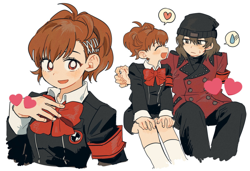 0pkmn, 1boy, 1girl, aragaki_shinjirou, armband, beanie, black_hat, black_pants
