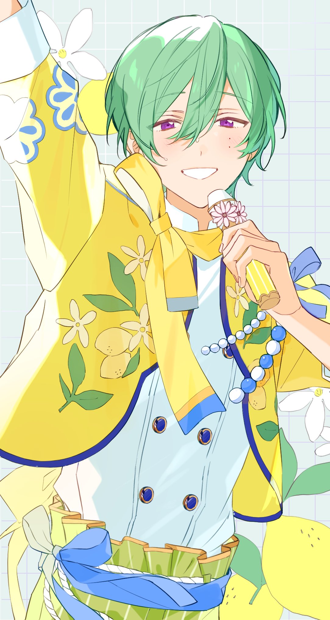 1boy, arm_up, blue_ribbon, ensemble_stars!, flower, food, fruit, green_hair