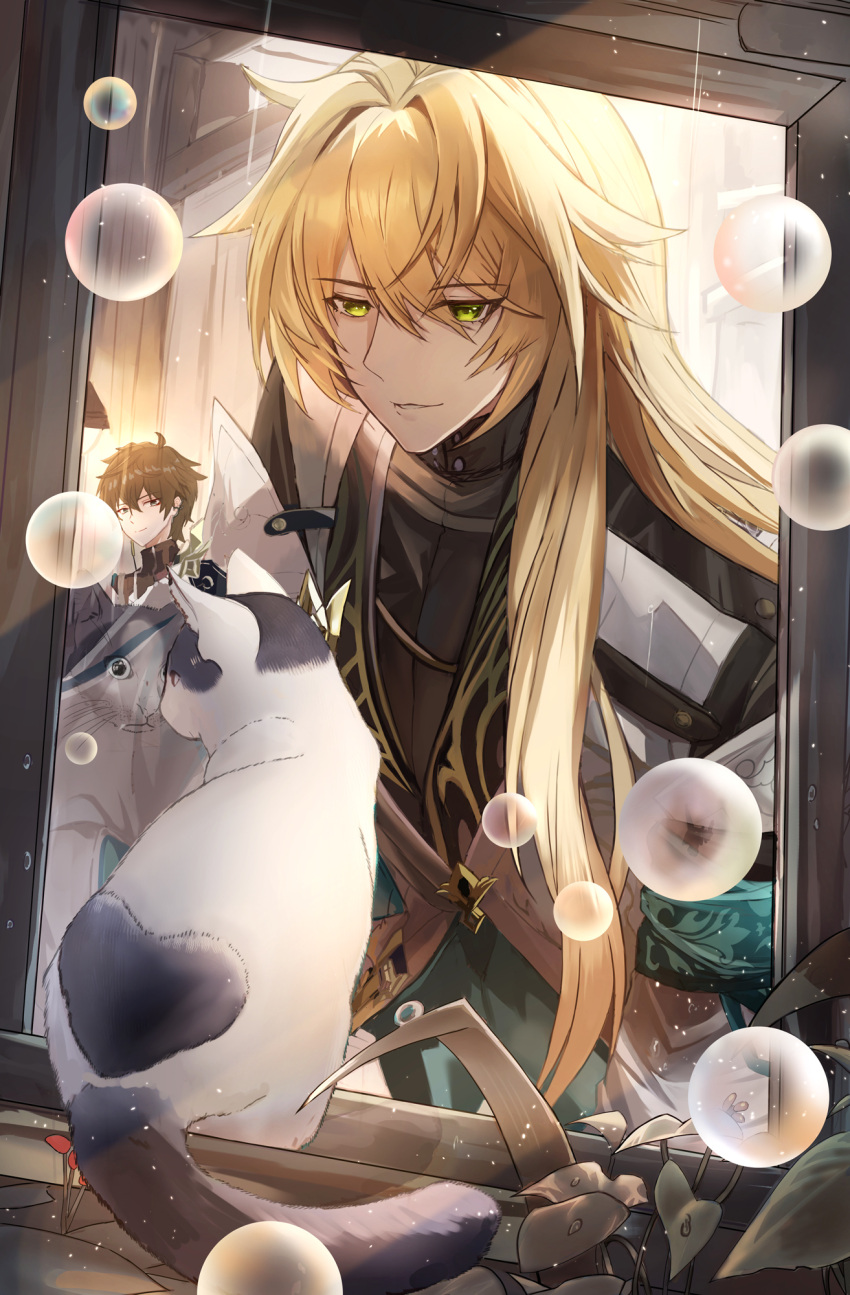 2boys, aqua_vest, armband, black_shirt, blonde_hair, brooch, bubble, cat