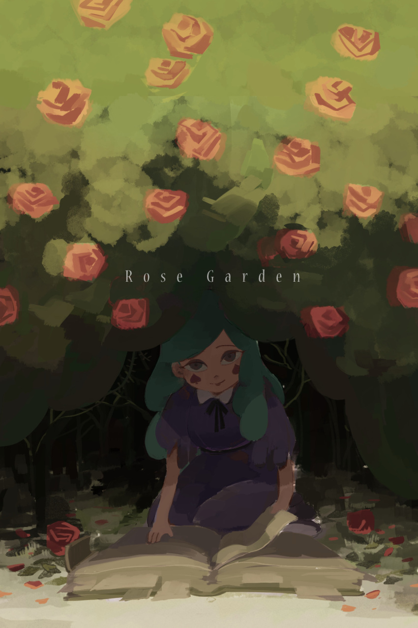 1girl, book, dress, eclipsa_butterfly, flower, garden, green_hair, grey_eyes