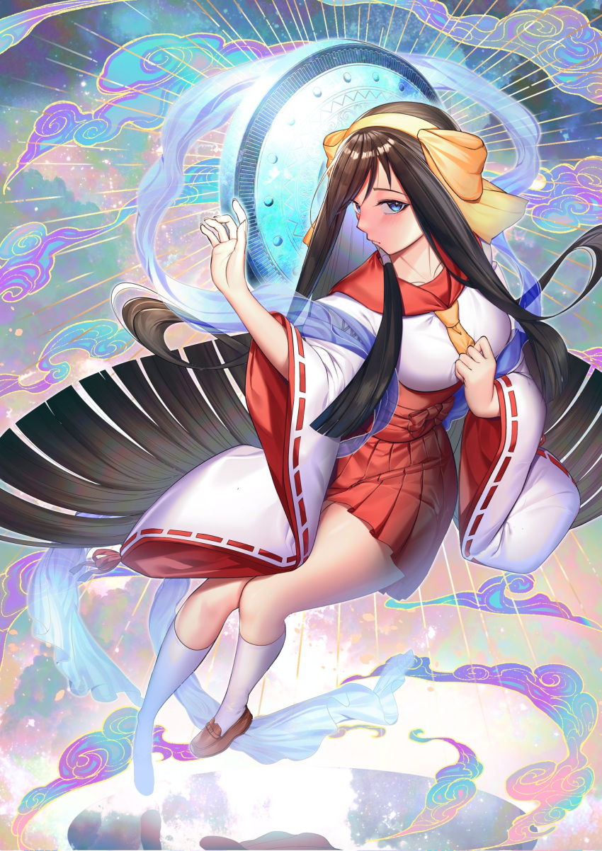1girl, amaterasu_(housamo), black_hair, blue_eyes, blunt_ends, blush, bow, breasts