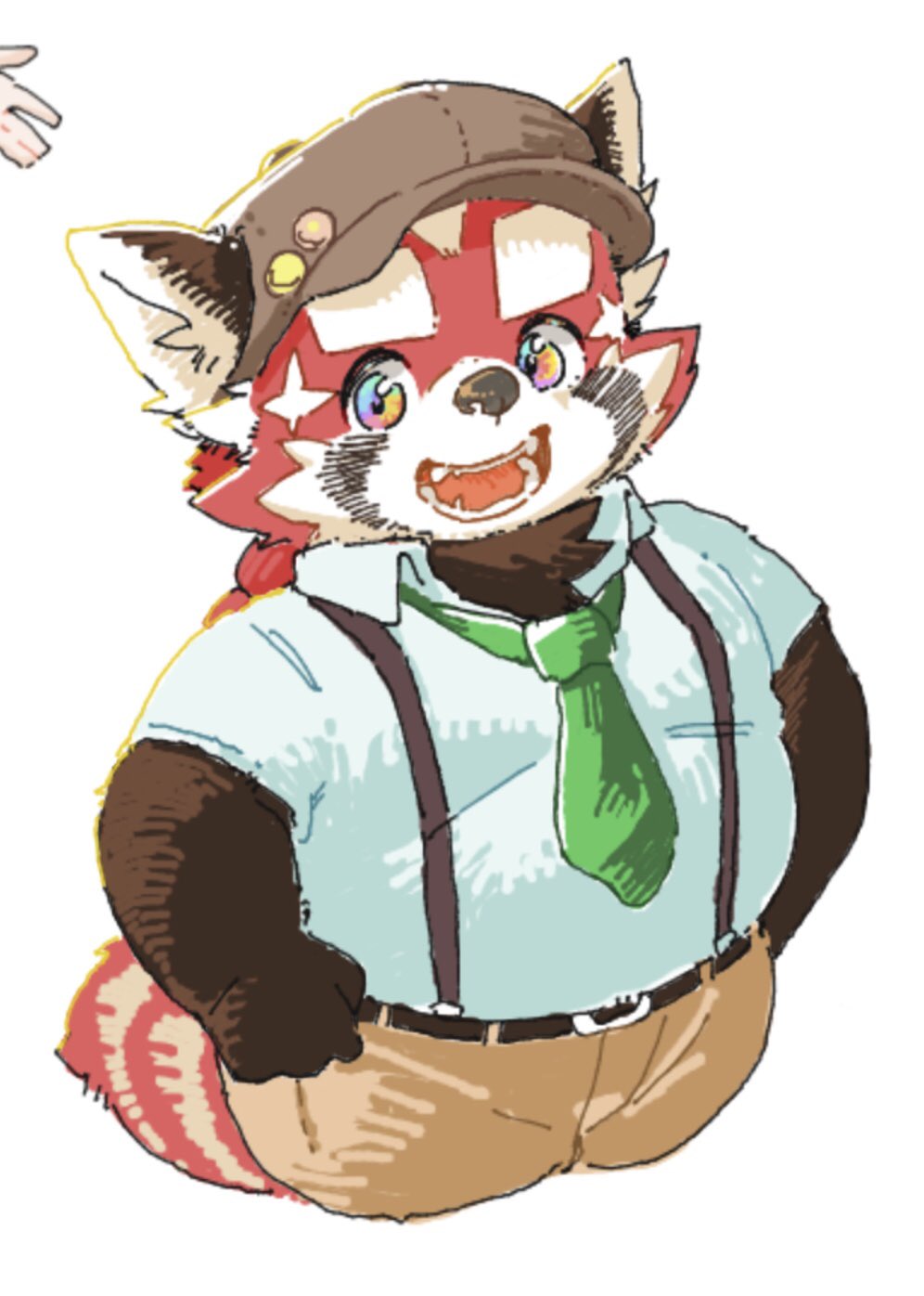 1boy, badge, belt, blue_shirt, braid, brown_fur, brown_hat, brown_pants, button_badge, chest_tuft, collared_shirt, cropped_legs, fangs, furry, furry_male, green_necktie, hands_on_own_hips, hat, highres, huge_eyebrows, long_hair, looking_at_viewer, male_focus, multicolored_eyes, multicolored_fur, necktie, open_mouth, pants, plump, rainbow_eyes, red_fur, red_panda_boy, red_panda_ears, red_panda_tail, shirt, simple_background, single_braid, sketch, smile, solo, suspenders, tokyo_afterschool_summoners, white_background, white_fur, zhurong_(housamo), zimasanda