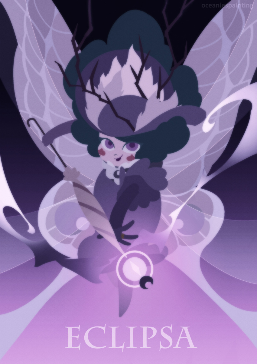 1girl, butterfly_wings, dress, eclipsa_butterfly, green_hair, hat, highres, holding