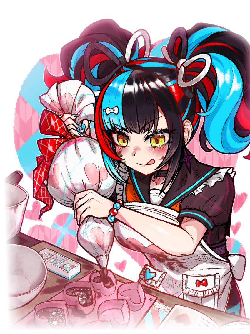 1girl, apron, black_hair, black_sailor_collar, black_shirt, blue_hair, blush, breasts