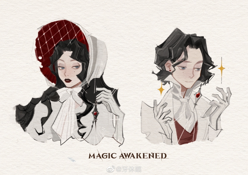 1boy, 1girl, alternate_costume, ascot, black_hair, blue_eyes, bonnet, bow