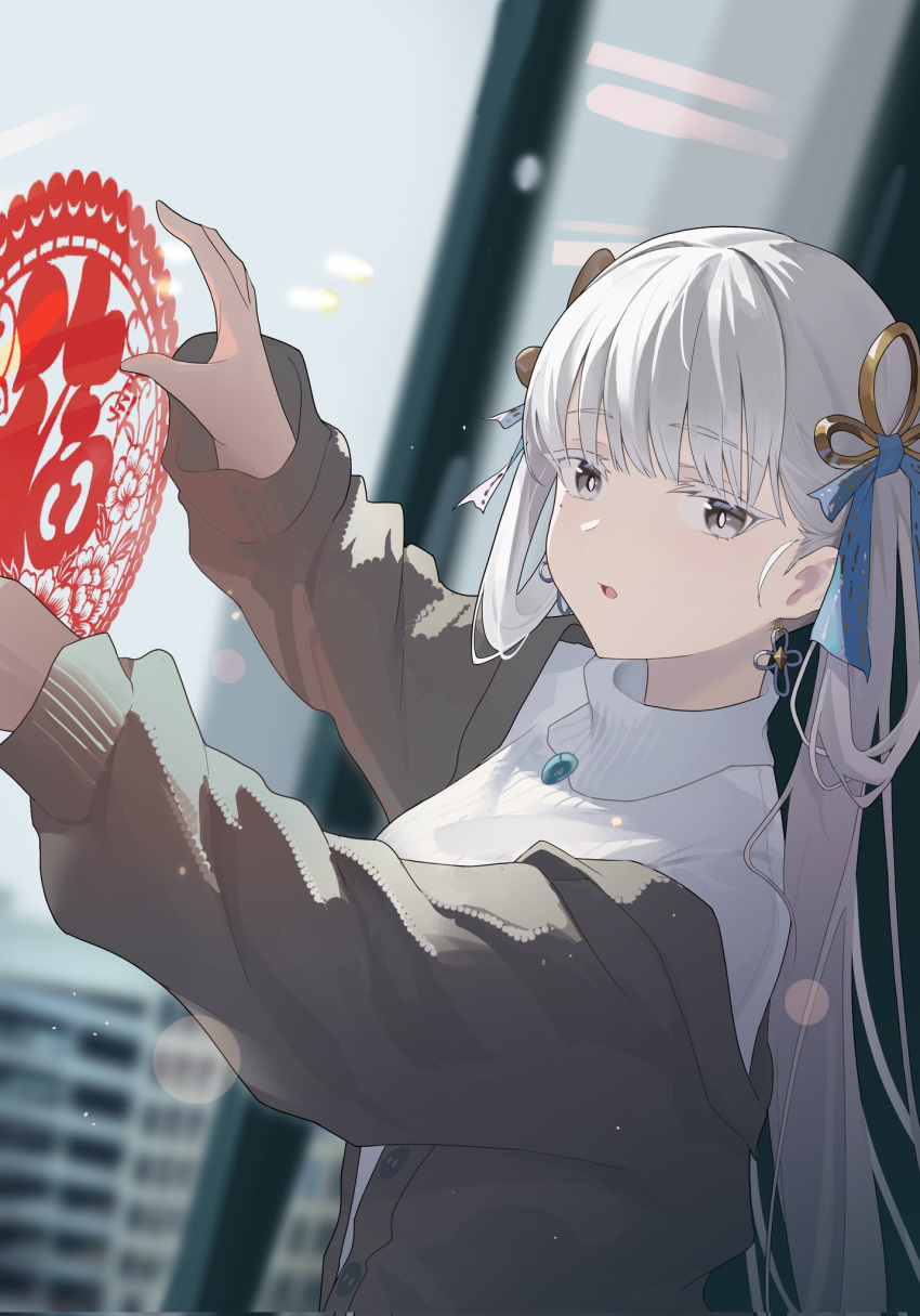 1girl, alternate_costume, blue_bow, bow, bright_pupils, brown_jacket, commentary, earrings, hair_bow, hashtag-only_commentary, highres, indoors, jacket, jewelry, jinhsi_(wuthering_waves), long_hair, looking_at_viewer, men_zhong_mu, necklace, open_clothes, open_jacket, parted_lips, shirt, solo, turtleneck, turtleneck_shirt, very_long_hair, white_eyelashes, white_eyes, white_hair, white_pupils, white_shirt, wuthering_waves