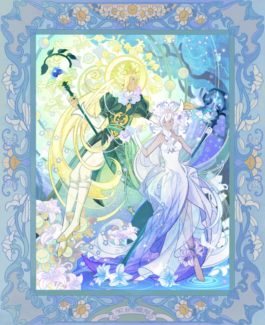 1boy, 1girl, ankle_flower, artist_name, bare_shoulders, barefoot, blonde_hair, blue_border, blue_eyes, blue_flower, border, braid, braided_bangs, butterfly_hair_ornament, closed_mouth, cookie_run, cookie_run:_kingdom, dark-skinned_female, dark_skin, dress, eye_contact, facial_mark, fairy_wings, floating, flower, flower_on_liquid, flower_ornament, flower_with_face, forehead_mark, full_body, gloves, gown, green_robe, green_sash, hair_between_eyes, hair_flower, hair_ornament, hand_up, hashtag-only_commentary, heterochromia, highres, holding, holding_staff, humanization, hydrangea, layered_dress, layered_sleeves, lily_(flower), lily_of_the_valley, long_hair, long_sleeves, looking_at_another, looking_to_the_side, low_ponytail, mman_moon, official_alternate_costume, ornate_border, outstretched_arm, pants, pants_tucked_in, parted_bangs, pink_eyes, ponytail, puffy_short_sleeves, puffy_sleeves, pure_vanilla_cookie, pure_vanilla_cookie_(viridescent_daydream), purple_flower, ripples, robe, rotational_symmetry, sash, see-through_clothes, see-through_dress, short_over_long_sleeves, short_sleeves, side_braid, smile, staff, strapless, strapless_dress, tiara, tree, very_long_hair, water, white_dress, white_flower, white_footwear, white_gloves, white_hair, white_lily, white_lily_cookie, white_lily_cookie_(moonflower_faerie), white_pants, wing_hair_ornament, wings, yellow_eyes, yellow_flower