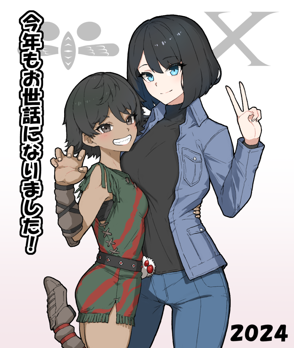 2girls, arm_around_waist, belt, black_belt, black_hair, black_shirt, blue_eyes, blue_jacket, blue_pants, boots, breast_press, brown_eyes, brown_footwear, claw_pose, collared_jacket, commentary_request, cowboy_shot, denim, denim_jacket, dress, eidenjyou1997, emblem, fingernails, genderswap, genderswap_(mtf), gradient_background, green_dress, height_difference, jacket, jeans, jin_keisuke, kamen_rider, kamen_rider_amazon_(series), kamen_rider_x_(series), leg_up, looking_at_viewer, medium_hair, multiple_girls, open_clothes, open_jacket, pants, pink_background, rider_belt, shirt, short_dress, short_hair, sleeveless, sleeveless_dress, smile, standing, standing_on_one_leg, striped_clothes, striped_dress, tan, teeth, translation_request, v, white_background, wrist_guards, x, yamamoto_daisuke