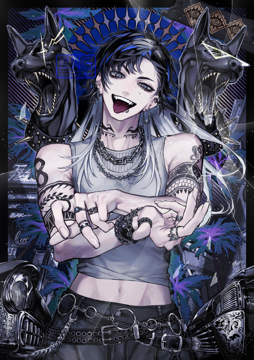 1boy, absurdres, asymmetrical_bangs, bare_shoulders, belt, black_belt, black_collar, black_hair