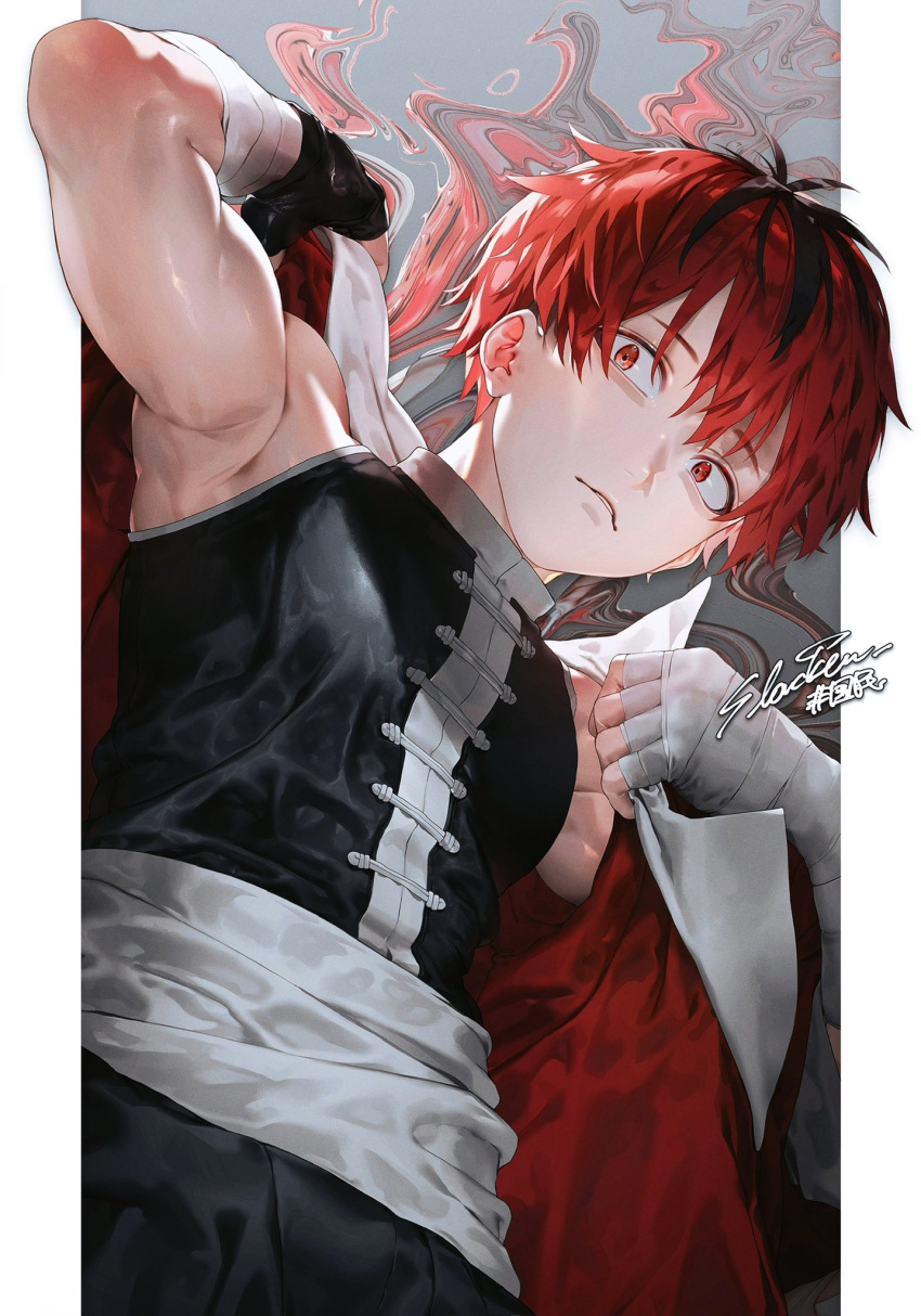 1boy, abstract_background, aegyo_sal, armpits, bandaged_arm, bandaged_hand, bandages, bare_shoulders