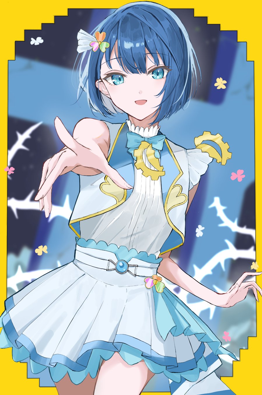 1girl, black_(kbym), blue_eyes, blue_hair, hair_ornament, highres, idol, kiritani_haruka