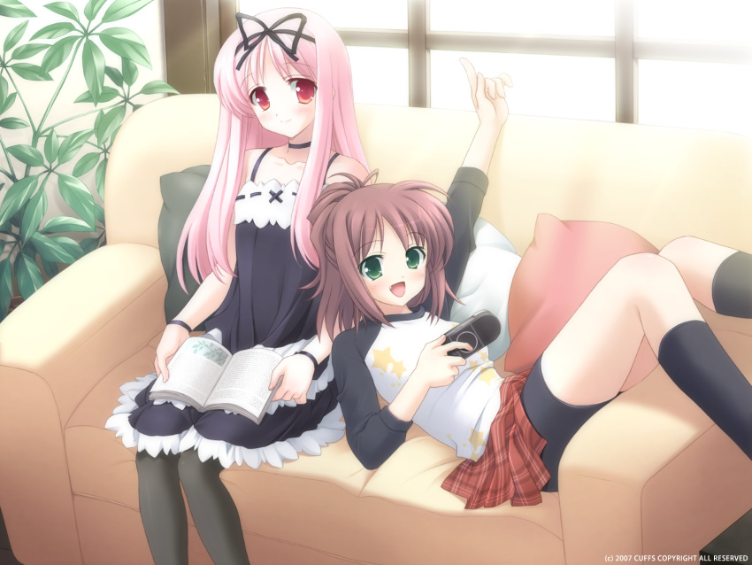 bike_shorts, black_legwear, book, couch, cuffs, fang, garden, garden_(game)