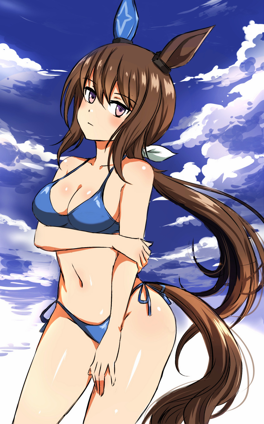 absurdres, admire_vega_(umamusume), animal_ears, arm_under_breasts, bikini, blue_bikini, bow, box_wonderland