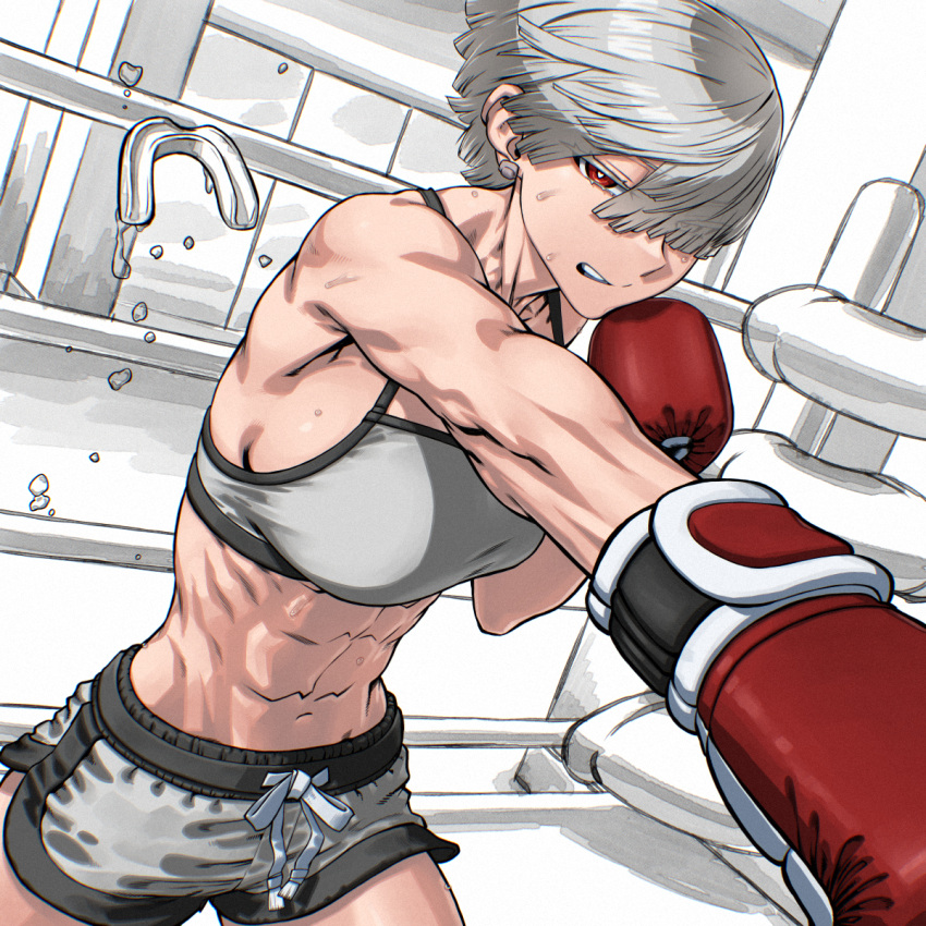 1girl, abs, bandaid_on_ear, black_trim, boxer, boxing, boxing_gloves, boxing_ring