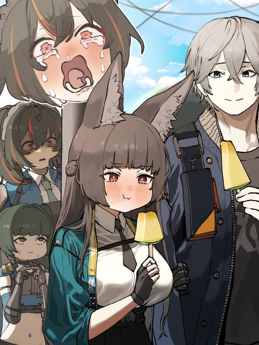 1boy, 3girls, absurdres, animal_ear_fluff, animal_ears, aqua_jacket, black_hair, black_necktie, black_shirt, blue_eyes, blue_jacket, blue_sky, blush, breasts, checkered_necktie, chroong, crying, crying_with_eyes_open, day, fidgeting, food, fox_ears, fox_girl, green_hair, grey_hair, highres, holding, holding_food, hoshimi_miyabi, ice_cream, jacket, large_breasts, long_hair, looking_at_another, metal_hairband, multicolored_hair, multiple_girls, navel, necktie, police, police_uniform, policewoman, ponytail, qingyi_(zenless_zone_zero), red_eyes, red_hair, shaded_face, shirt, sky, stomach, streaked_hair, tears, zenless_zone_zero, zhu_yuan, zoom_layer