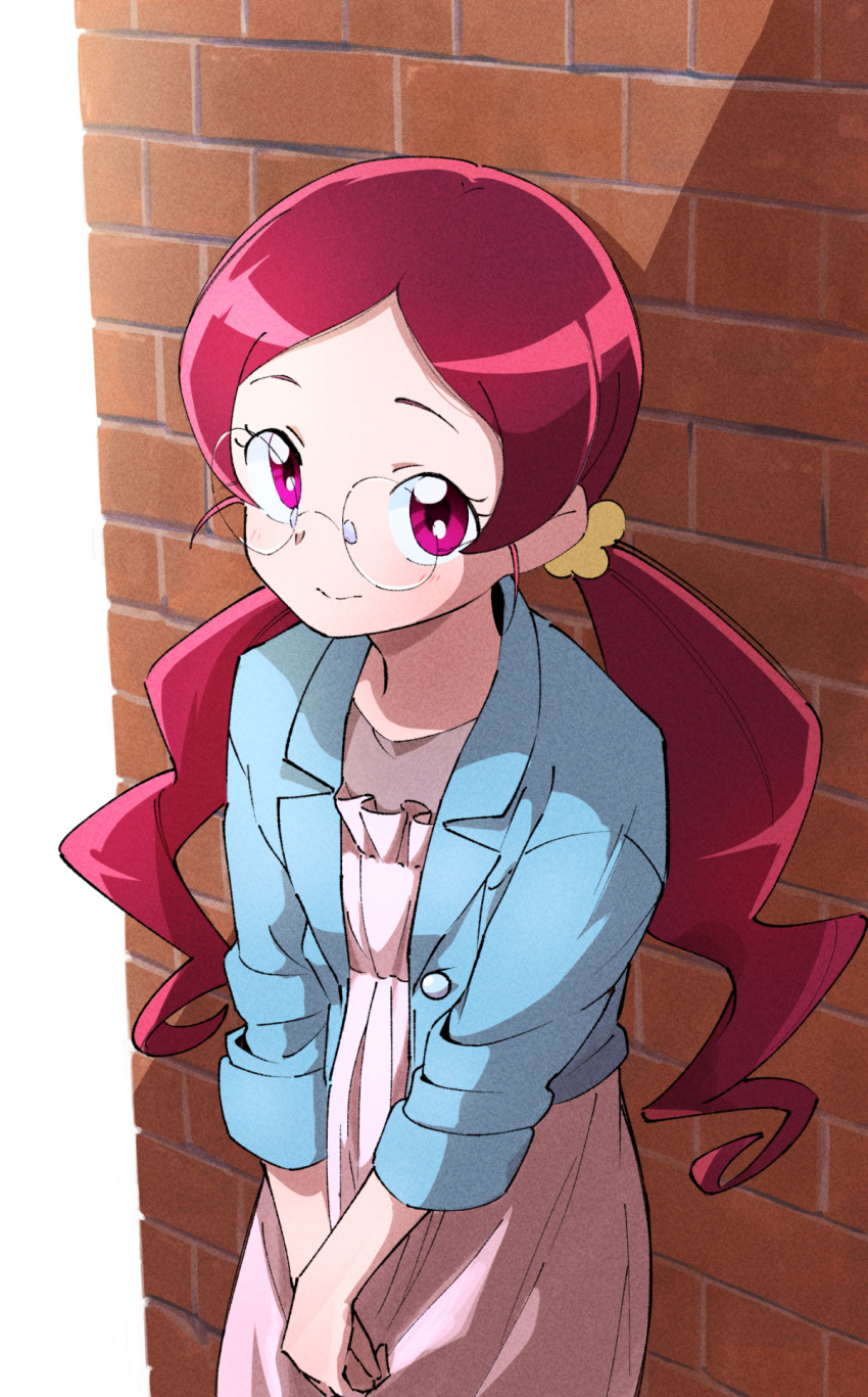 1girl, blue_jacket, blush, closed_mouth, commentary, dress, glasses, hanasaki_tsubomi