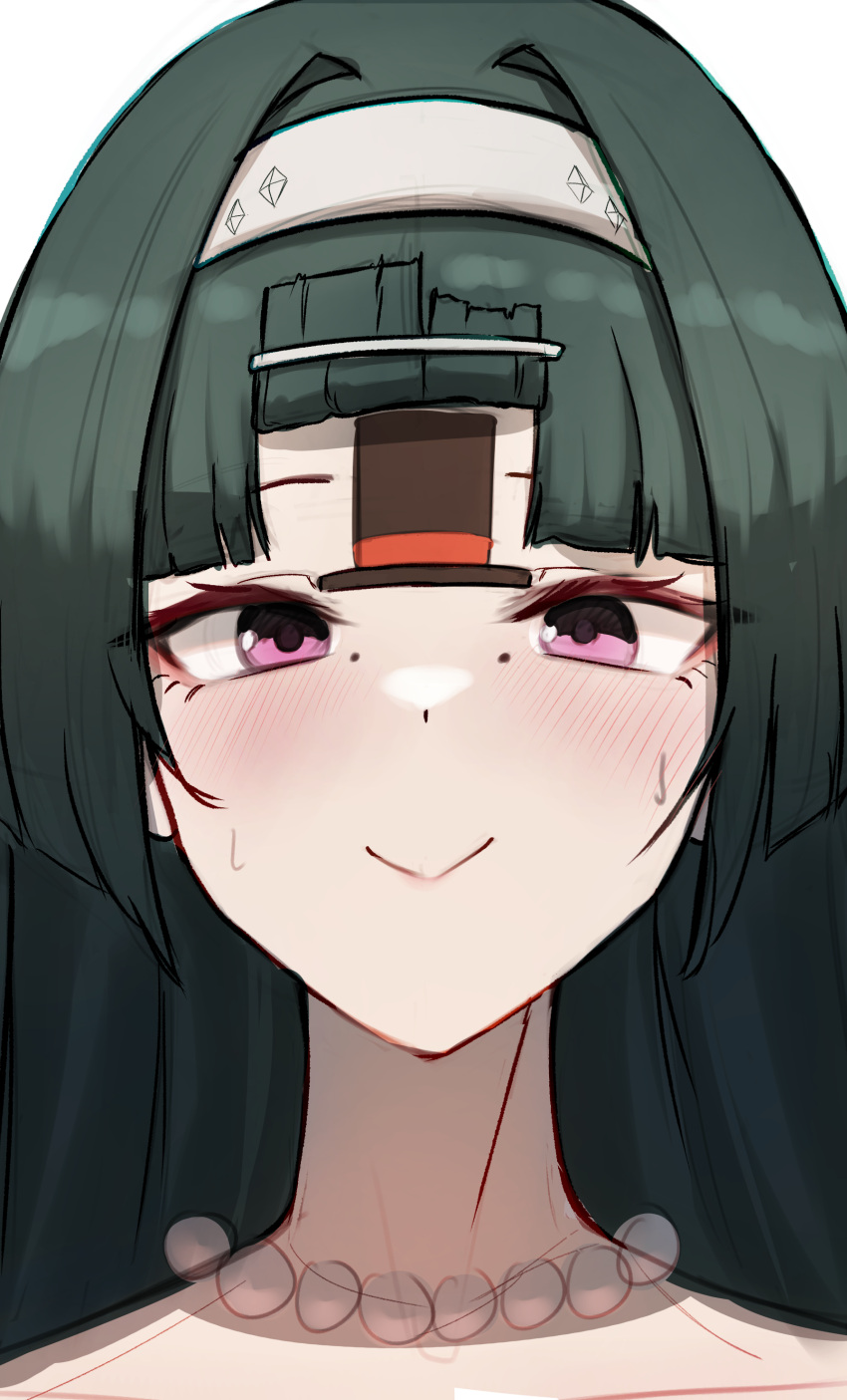 1girl, absurdres, astra_yao, bangs_pinned_back, bead_necklace, beads, black_hair, closed_mouth, commentary_request, hairband, hat, highres, jewelry, kaba_(hama), light_blush, long_hair, looking_at_viewer, necklace, pink_eyes, portrait, smile, solo, sticker_on_face, straight-on, sweatdrop, top_hat, white_hairband, zenless_zone_zero