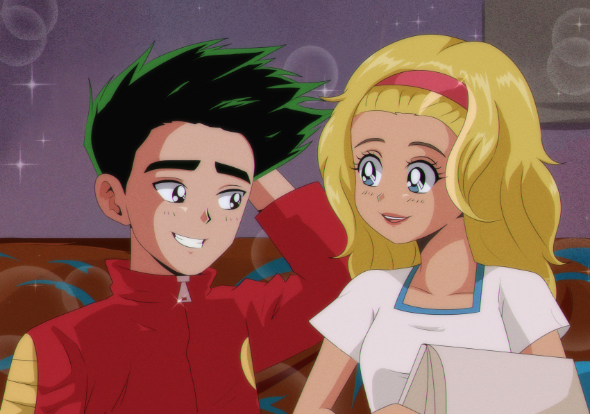1boy, 1girl, absurdres, american_dragon_jake_long, black_eyes, blonde_hair, blue_eyes, brenni_murasaki