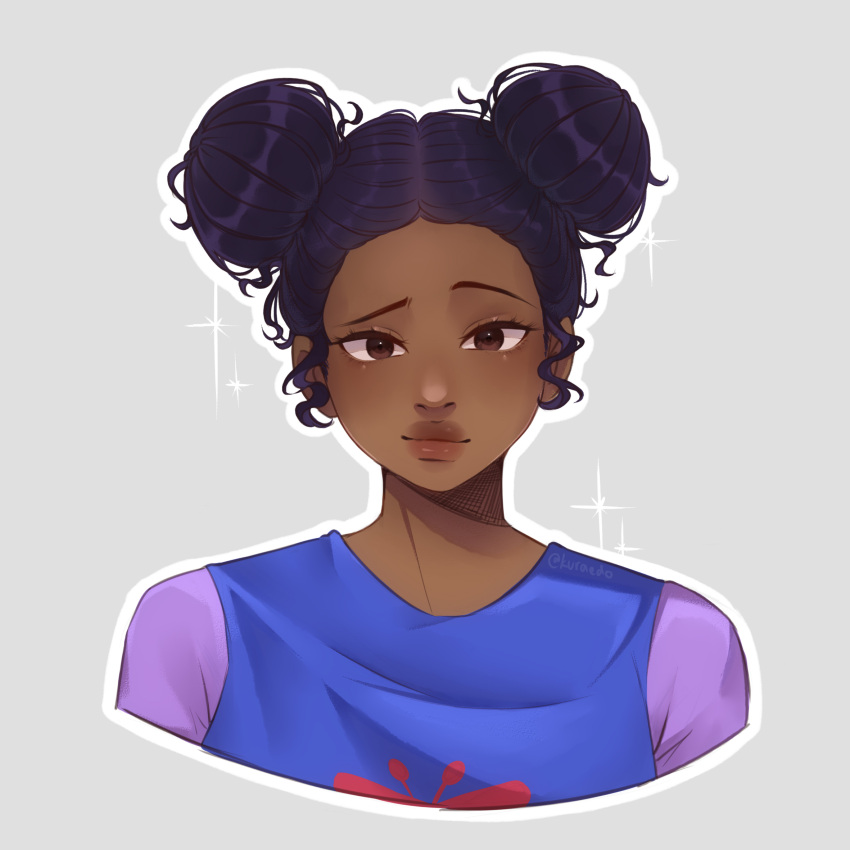 1girl, american_dragon_jake_long, blue_shirt, dark-skinned_female, dark_skin, disney, double_bun, female_focus, hair_bun, highres, kuraedo, lipstick, makeup, purple_shirt, shirt, solo, tagme, tagme_character, trixie_carter