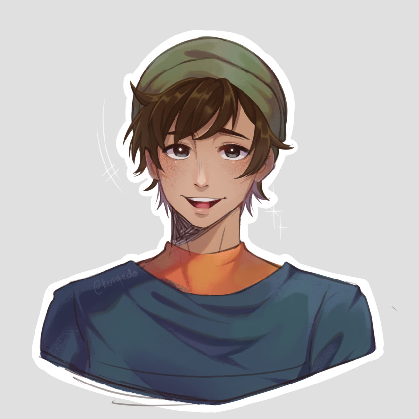 1boy, american_dragon_jake_long, arthur_spudinski, blue_shirt, brown_hair, disney, hat, highres, kuraedo, male_focus, open_mouth, shirt, tagme, tagme_character, teeth