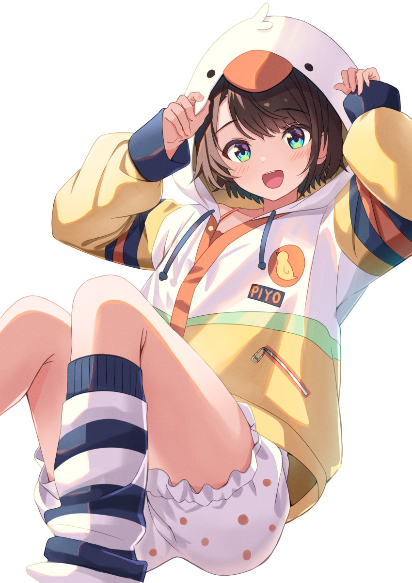 1girl, :d, animal_hood, aqua_eyes, bloomers, brown_hair, commentary_request, duck_hood, highres, hololive, hood, hood_up, hooded_jacket, jacket, knees_up, long_sleeves, looking_at_viewer, loose_socks, loungewear, multicolored_jacket, official_alternate_costume, oozora_subaru, oozora_subaru_(loungewear), open_mouth, polka_dot, polka_dot_bloomers, short_hair, simple_background, sitting, smile, socks, solo, striped_clothes, striped_socks, swept_bangs, teeth, tooo88, upper_teeth_only, virtual_youtuber, white_background, white_bloomers, white_jacket, yellow_jacket