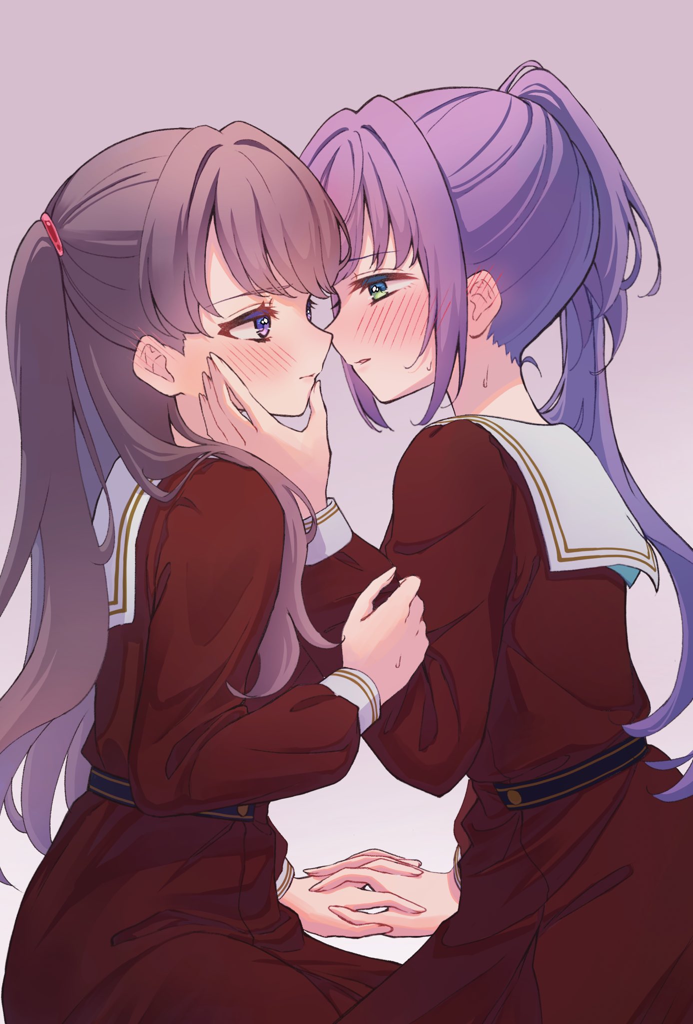 2girls, aqua_neckerchief, blush, brown_dress, brown_hair, closed_mouth, commentary, dress