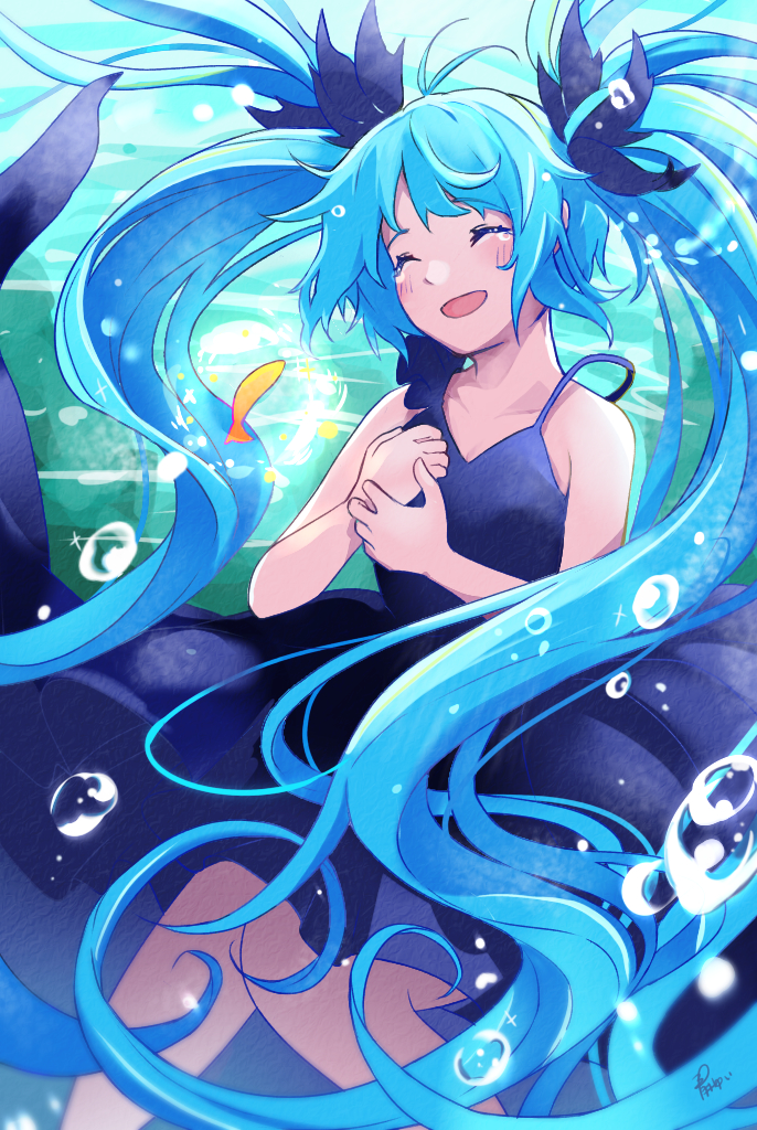 1girl, :d, ^_^, aoiyui, bare_shoulders, black_dress, blue_hair, bubble