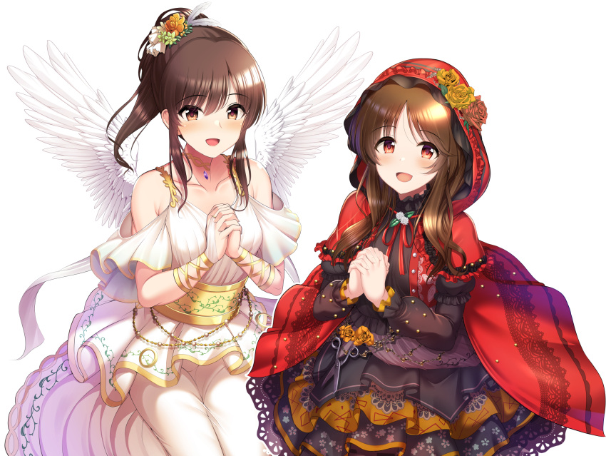 2girls, angel_wings, bare_shoulders, black_dress, blush, brown_eyes, brown_hair, dress, flower, hair_flower, hair_ornament, highres, hood, idolmaster, idolmaster_cinderella_girls, idolmaster_cinderella_girls_starlight_stage, interlocked_fingers, kaneko_yuuki, long_hair, looking_at_viewer, ment, multiple_girls, open_mouth, ponytail, red_hood, scissors, simple_background, smile, takamori_aiko, voice_actor, white_background, white_dress, wings
