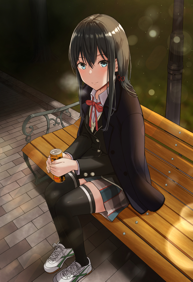 1girl, bench, black_coat, black_hair, black_jacket, black_thighhighs, blazer, blue_eyes