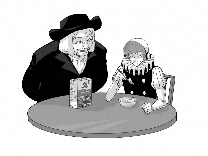 2boys, arms_behind_back, ascot, clown, coat, commentary_request, eating, etheral_q