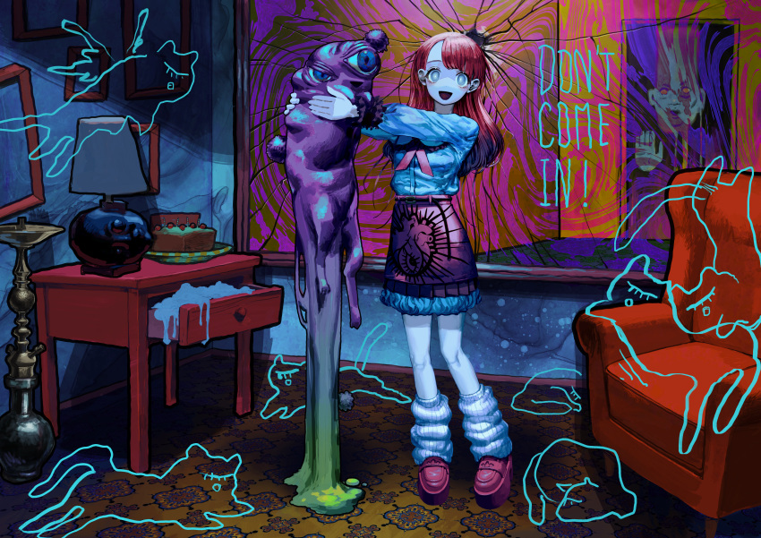 1girl, :d, absurdres, afternooners, armchair, blue_eyes, broken_mirror, chair