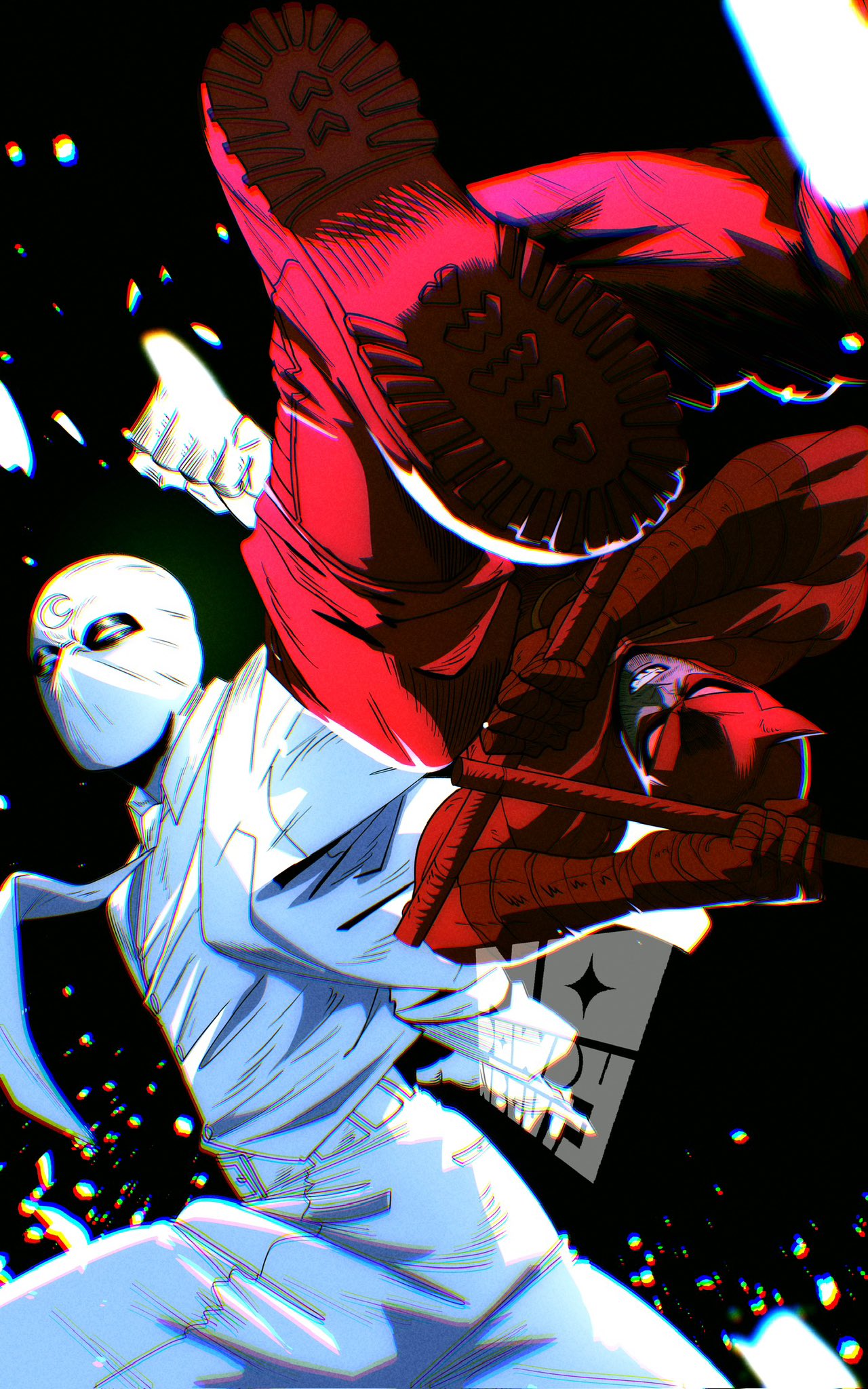 2boys, angry, bodysuit, crossover, daredevil, daredevil_(netflix), gloves, highres