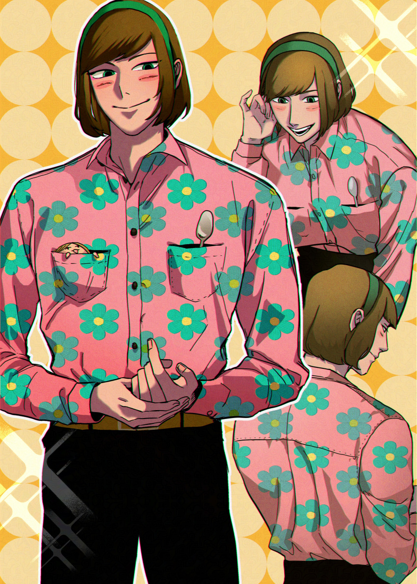 1boy, 1other, absurdres, breast_pocket, brown_hair, character_request, commentary_request, extra_eyes