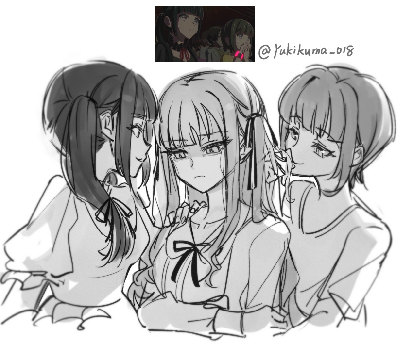 3girls, bang_dream!, bang_dream!_it's_mygo!!!!!, chinese_commentary, commentary_request, greyscale, hair_ribbon, highres