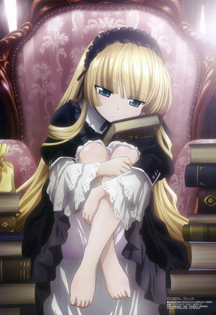 amisaki_ryouko, barefoot, blonde_hair, book, feet, gosick, gothic_lolita, green_eyes