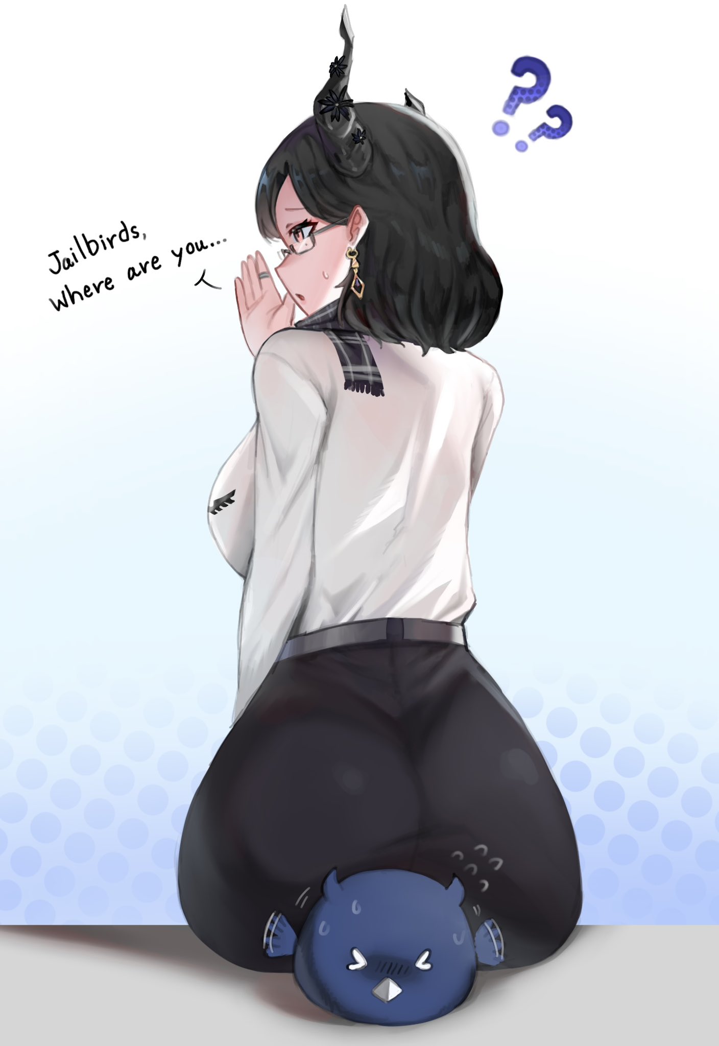 ?, ??, ass, asymmetrical_horns, black_hair, black_skirt, breasts, confused, earrings, from_behind, high-waist_skirt, highres, hololive, hololive_english, horns, iggy2077, jailbird_(nerissa_ravencroft), jewelry, large_breasts, medium_hair, mole, mole_under_eye, nerissa_ravencroft, nerissa_ravencroft_(casual), semi-rimless_eyewear, shirt, sitting_on_animal, skirt, under-rim_eyewear, uneven_horns, violet_eyes, virtual_youtuber, white_shirt