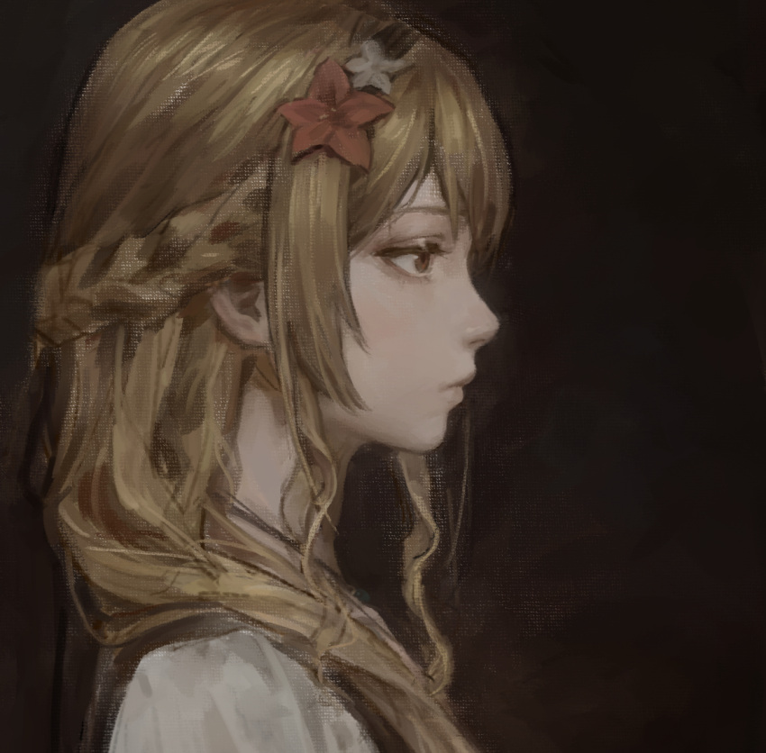 1girl, black_hairband, blonde_hair, braid, closed_mouth, curtsey, dress, expressionless, flower, hair_flower, hair_ornament, hairband, half_up_braid, long_hair, monogatari_(series), oshino_shinobu, princess, princess_acerola, profile, realistic, red_flower, shirt, sidelocks, solipsist, solo, very_long_hair, wazamonogatari, white_dress, white_flower, white_shirt, yellow_eyes