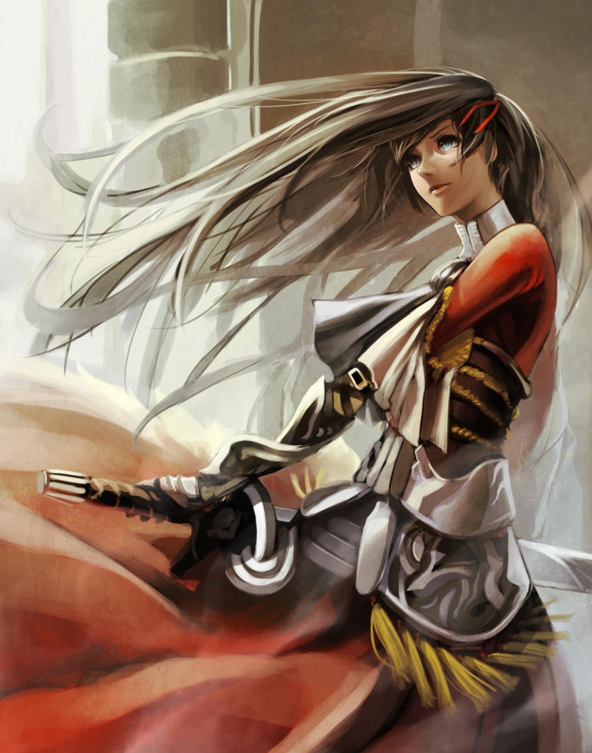 blue_eyes, brown_hair, hako_(mypixid), highres, long_hair, original, solo, sword