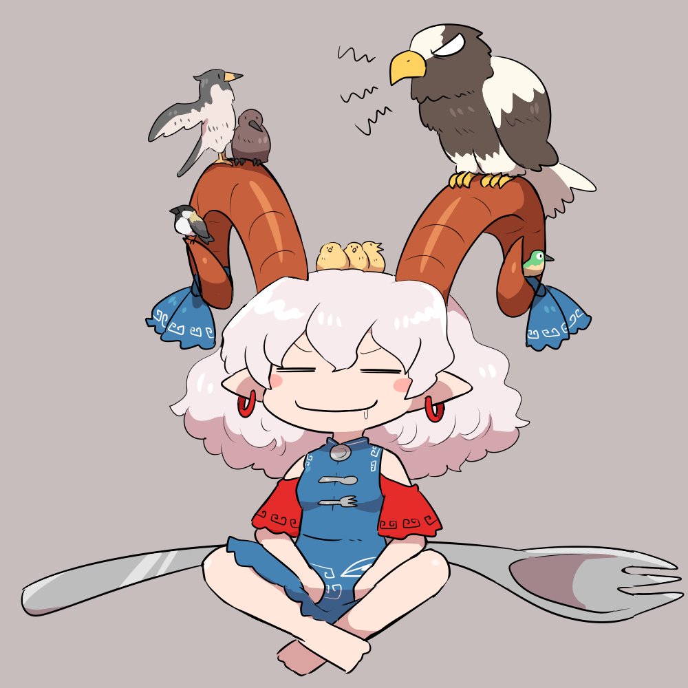 1girl, bird, blue_dress, brown_horns, detached_sleeves, dress, drooling, eagle