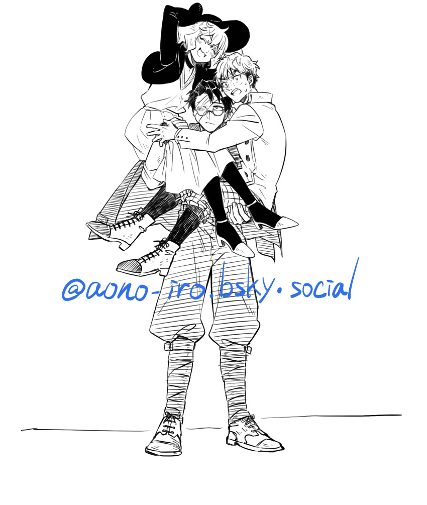 1girl, 2boys, :d, :o, aono-iro, arm_up, bandage_over_one_eye, black_pantyhose