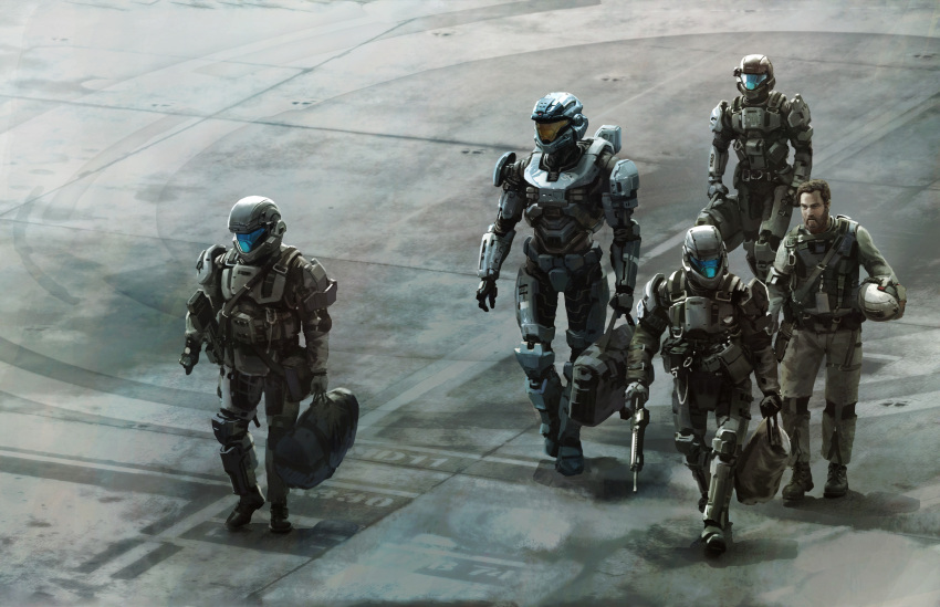 1girl, 4boys, absurdres, armor, assault_visor, backpack, bag, battle_rifle