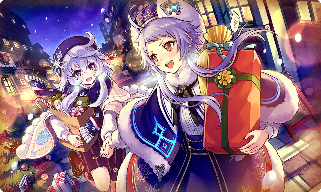 2girls, :d, ahoge, bag, black_nails, black_ribbon, blue_scarf, box